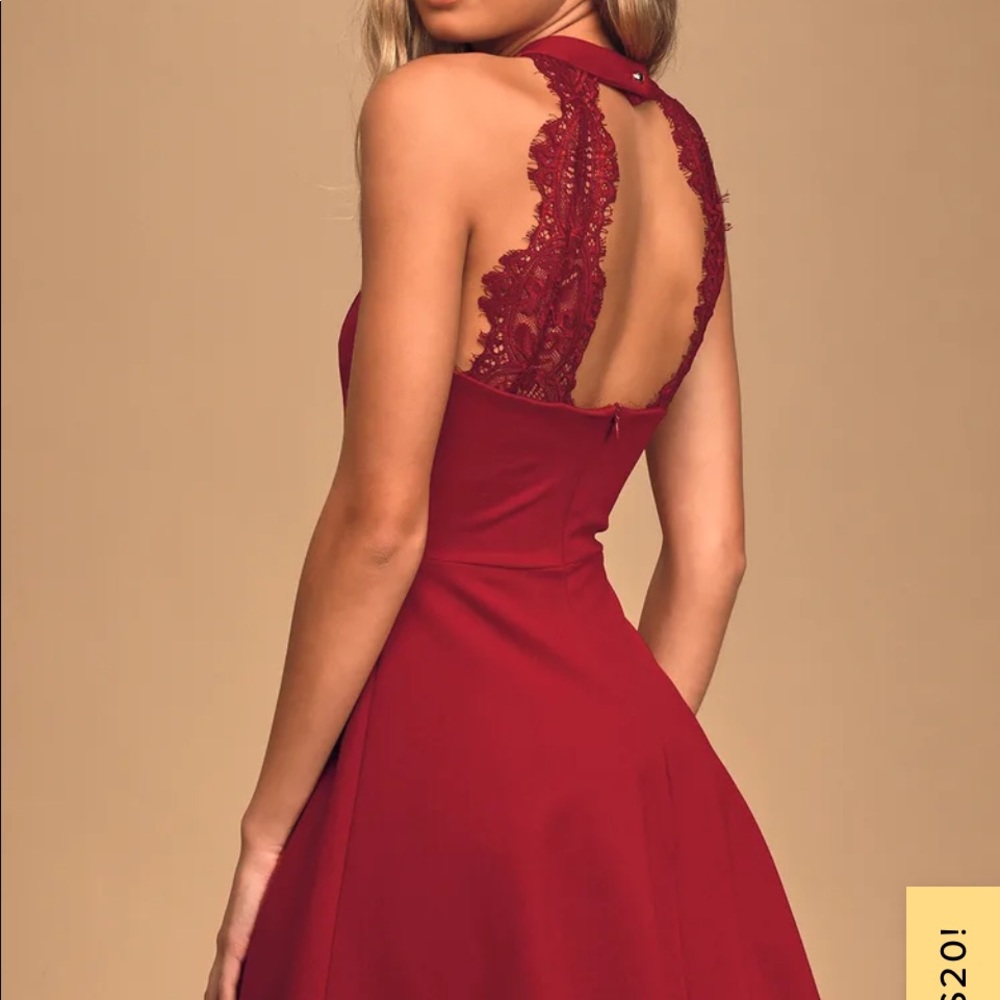 LULU’s halter neck skater dress lace detail on back-deep red(almost mahogany red - Picture 2 of 7